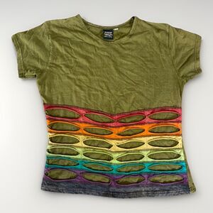 Shop Therapy L/XL Hippie Boho Rainbow Green T-shirt Top 100% Cotton Stretch EUC